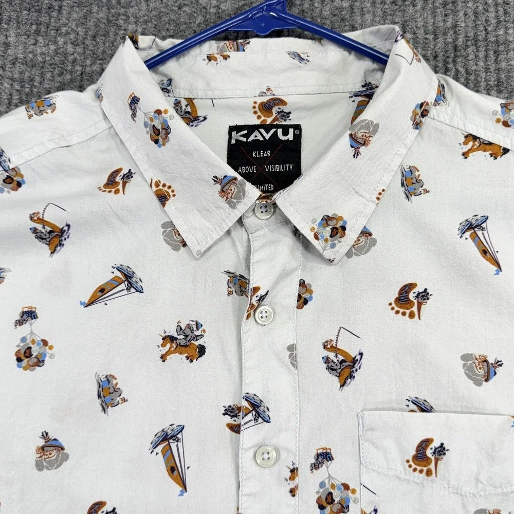 KAVU Shirt Mens XL White Western Graphic Print Short Sleeve Button Up Casual